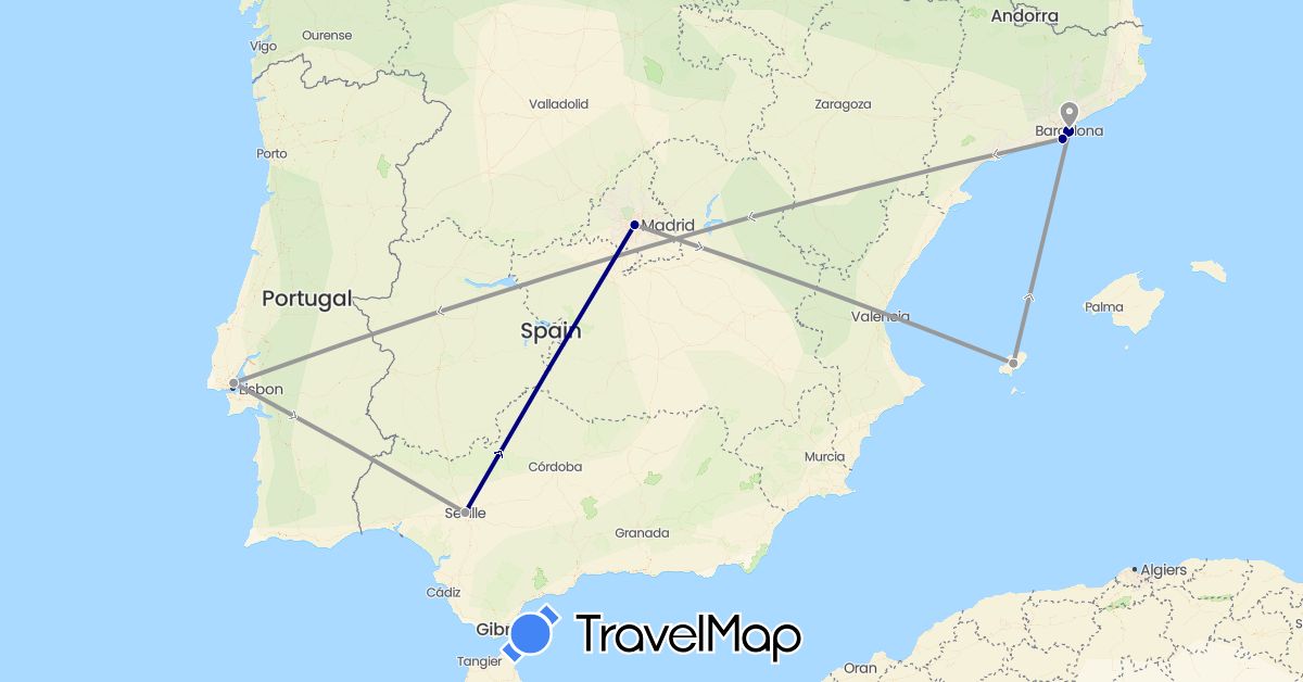TravelMap itinerary: driving, plane in Spain, Portugal (Europe)